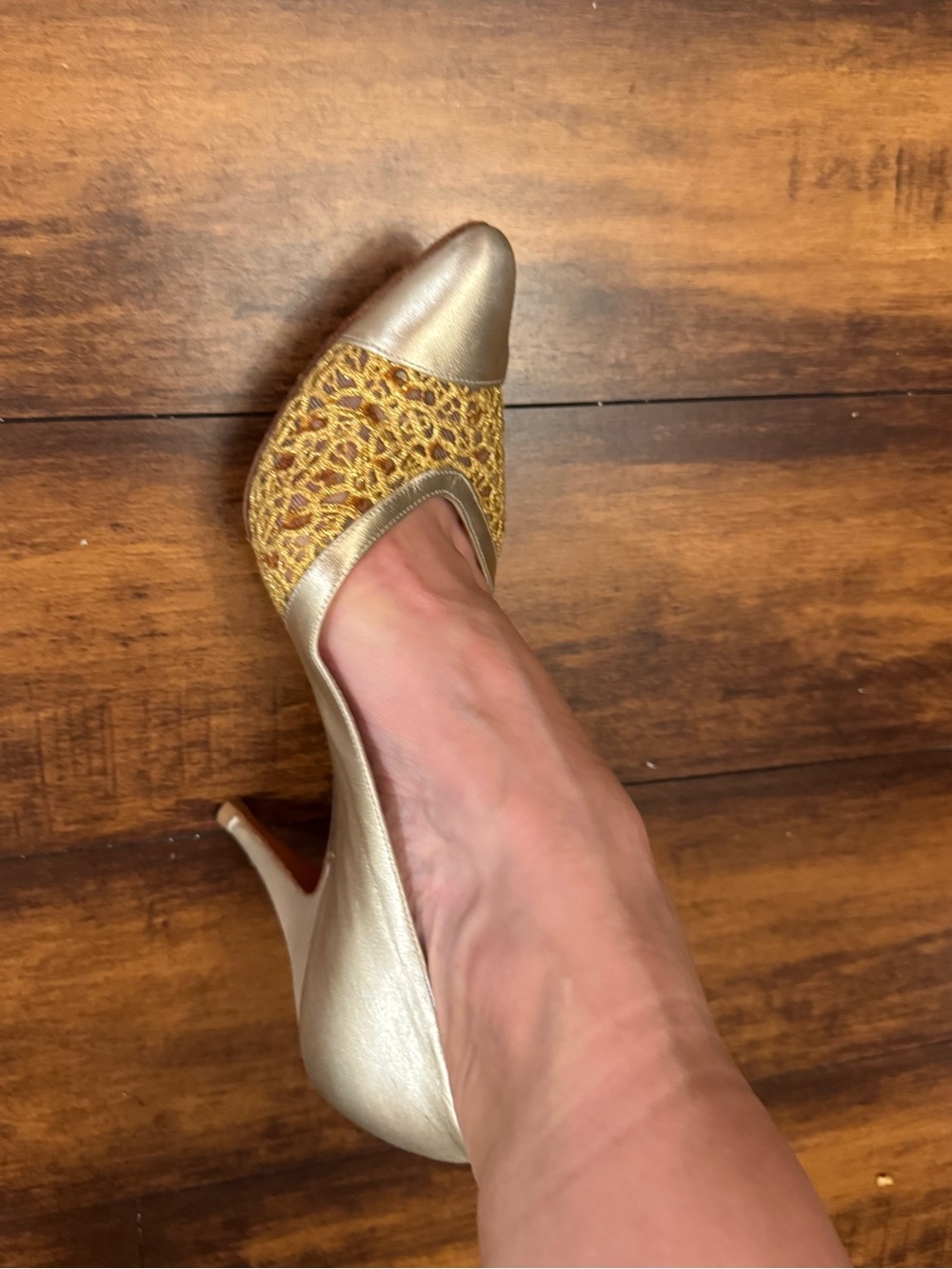 Stuart Weitzman Metallic Gold Lace Pointed Toe Pumps